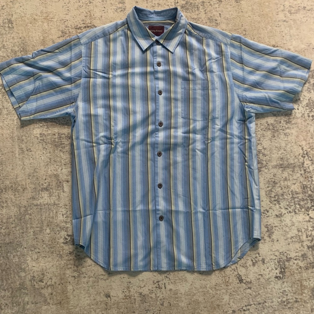Tommy Bahama Shirt Mens M Blue Stripe Colorful Silk Hawaiian Island